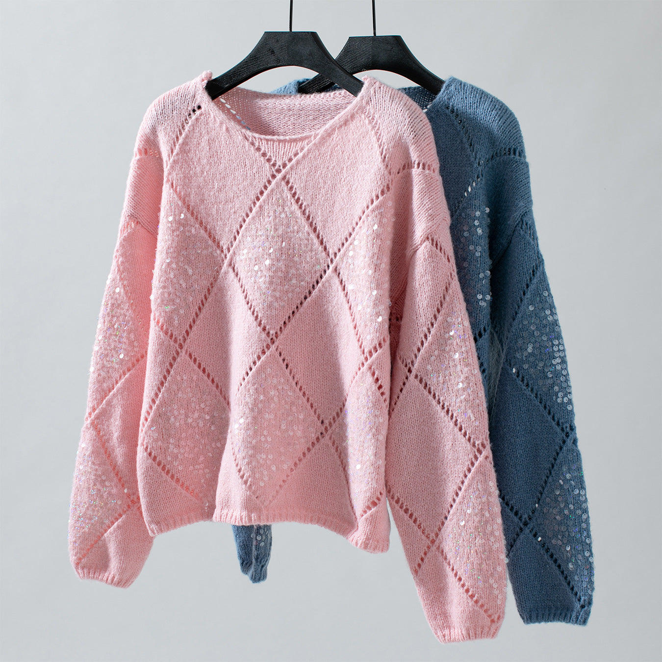 Women's Fashion Hollow Out Diamond Pattern Sequin Knit Sweater