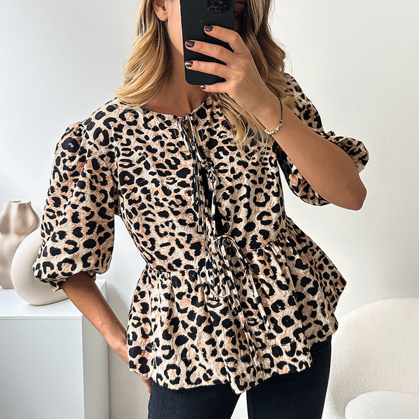 Women's Summer Leopard Print Puff Sleeve Round Neck Blouse