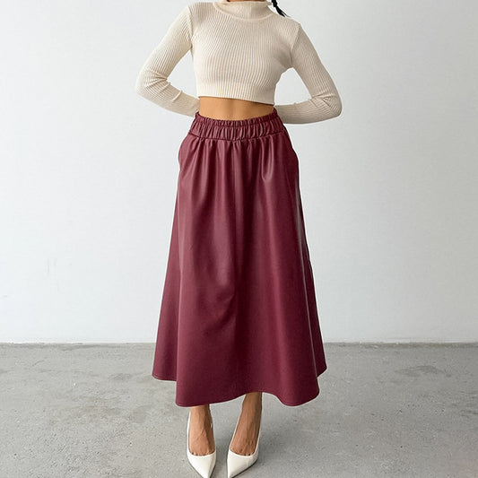 Women's High-Waisted Faux Leather A-Line Skirt with Pleats