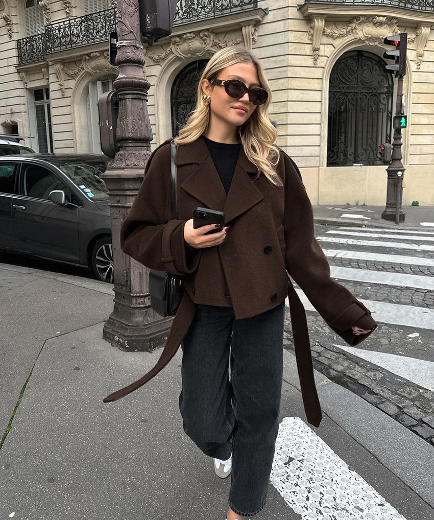 Women's Brown Double-Breasted Wool Coat with Lapel Collar and Belt, Polyester Blend