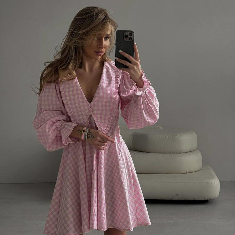 Women's Fashion Plaid Long Sleeve Dress with Butterfly Collar