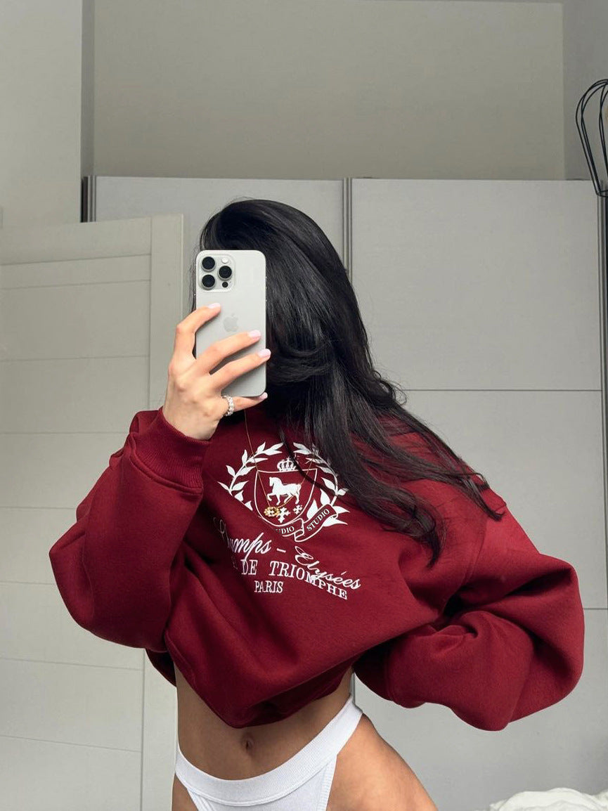 Women's Angora Red Crewneck Pullover Printed Sweatshirt