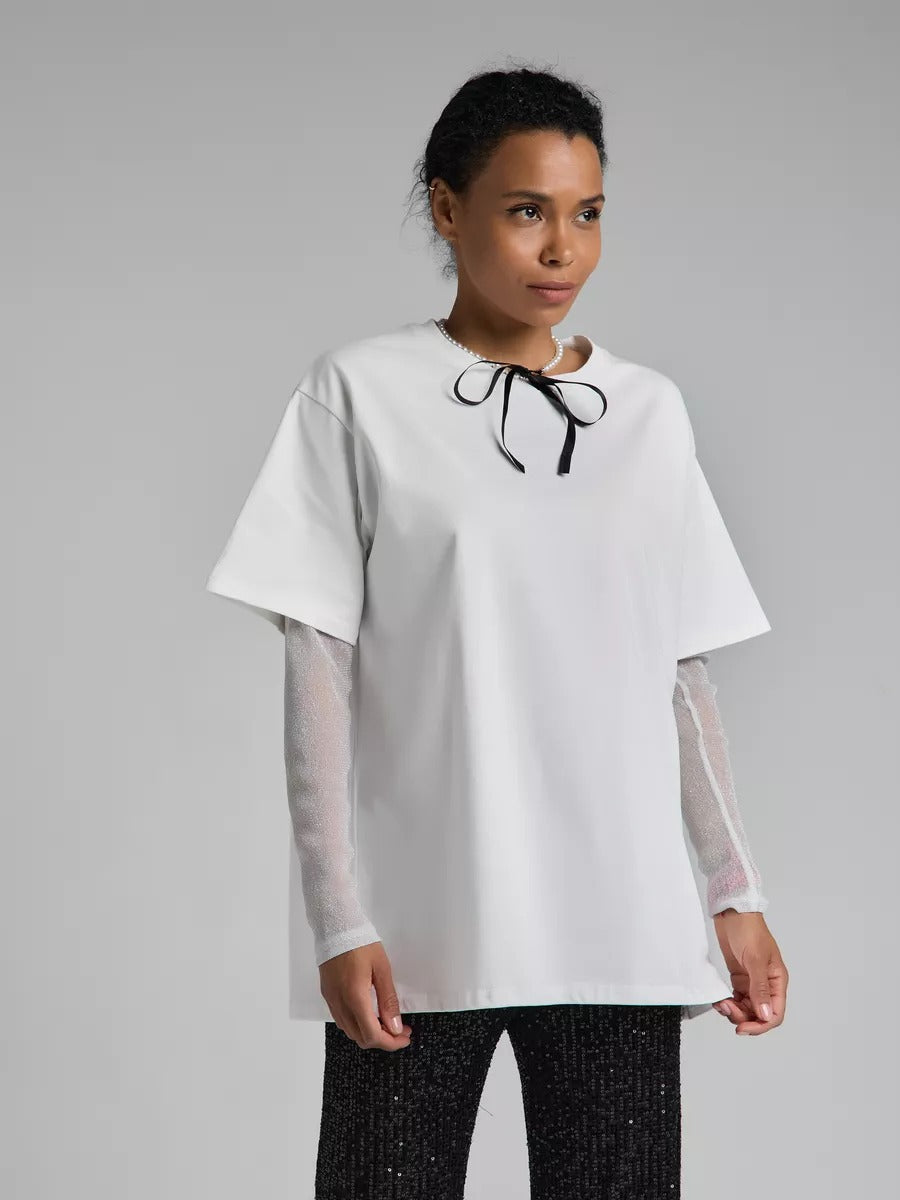 Summer Chic: Mesh Panel Long Sleeve T-shirt - Loose-Fit Sun Protection Top