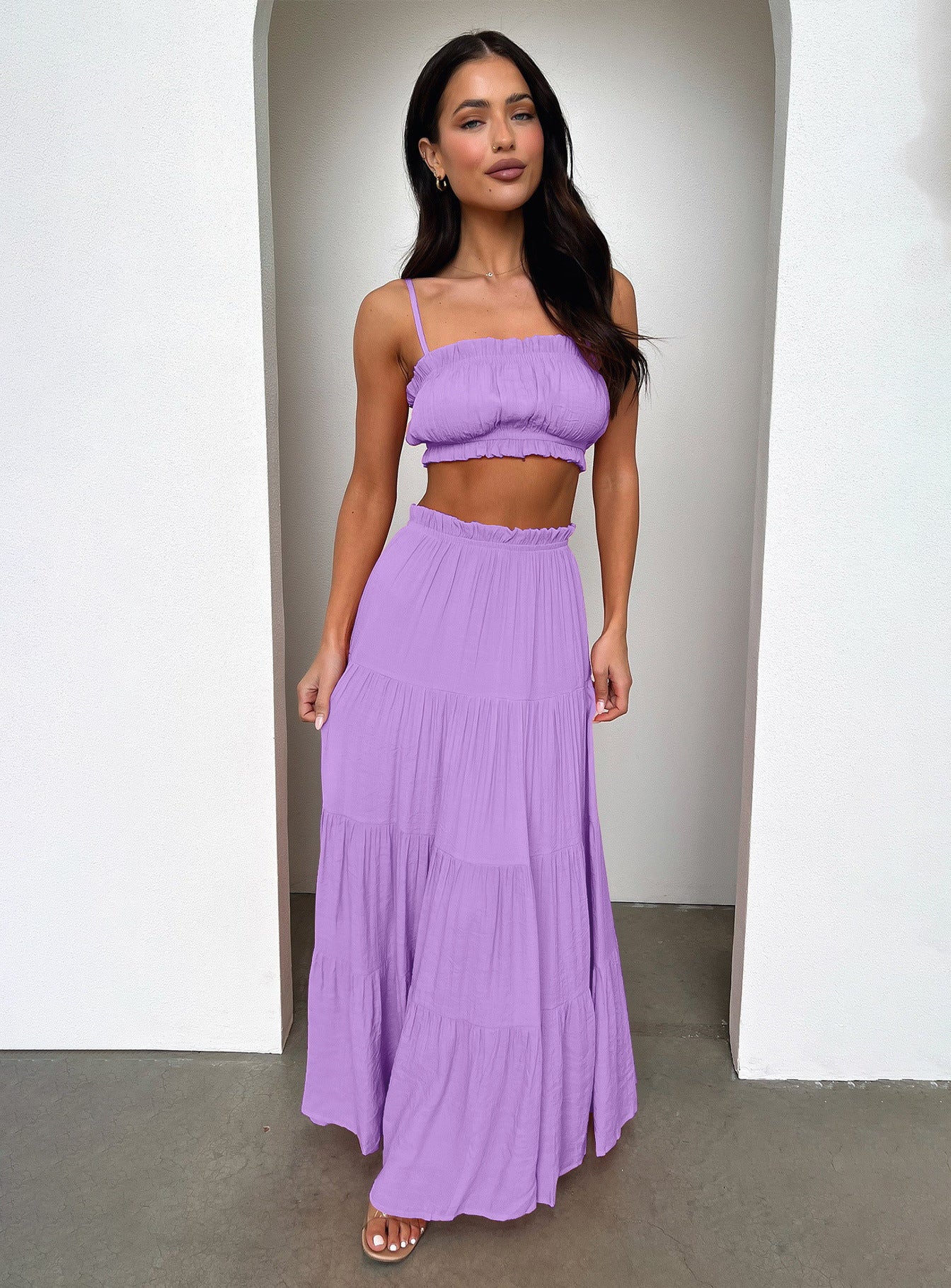 Solid Color High-Waisted Cotton Pleated Maxi Skirt - Elegant and Figure-Flattering