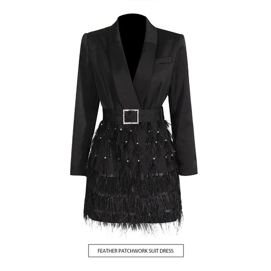 Women's Embellished Feather and Beadwork Blazer Dress