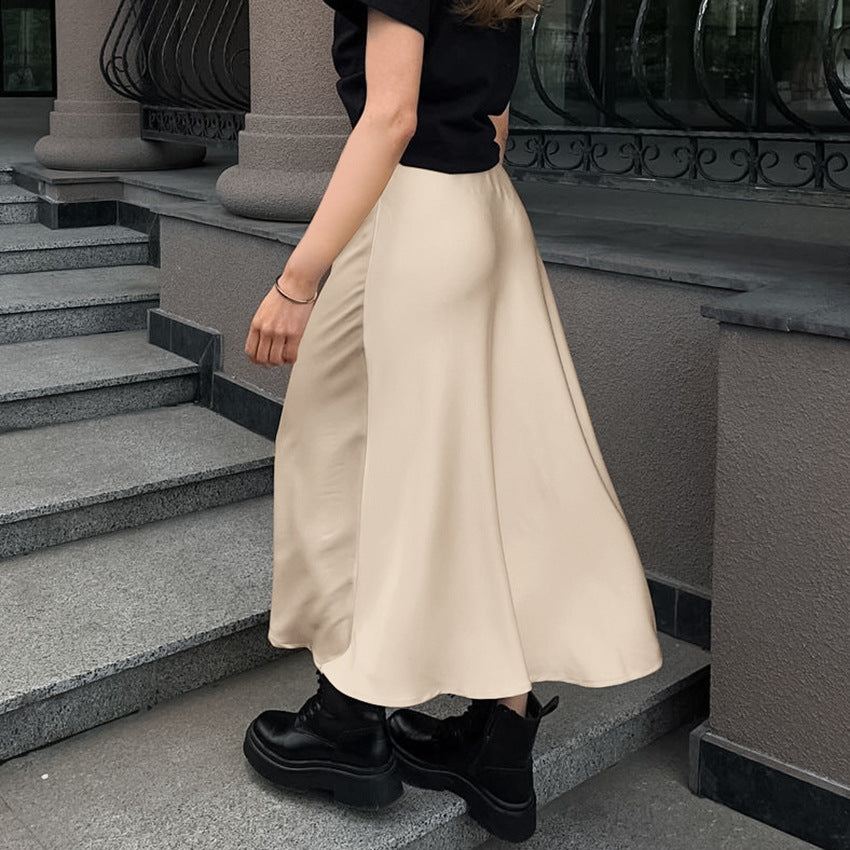 Women's Khaki Satin High-Waisted Versatile Midi Skirt