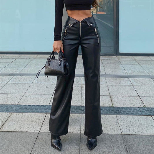 Women's High-Waisted Loose Fit Straight Leg Casual Leather Pants with Zipper Details