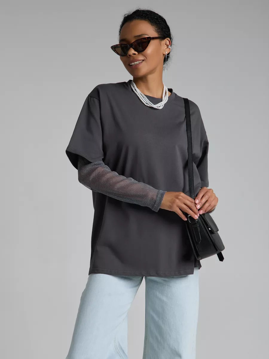 Summer Chic: Mesh Panel Long Sleeve T-shirt - Loose-Fit Sun Protection Top