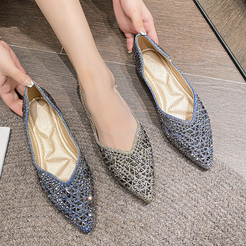 Sparkling Flat Pointed Soft Leather Single Shoes for Women