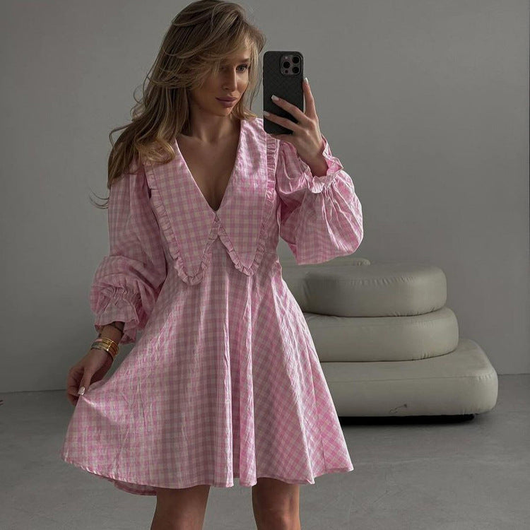 Women's Fashion Plaid Long Sleeve Dress with Butterfly Collar