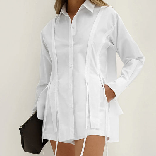 Women's Summer French Lapel Tie Long Sleeve Shirt and Shorts Set