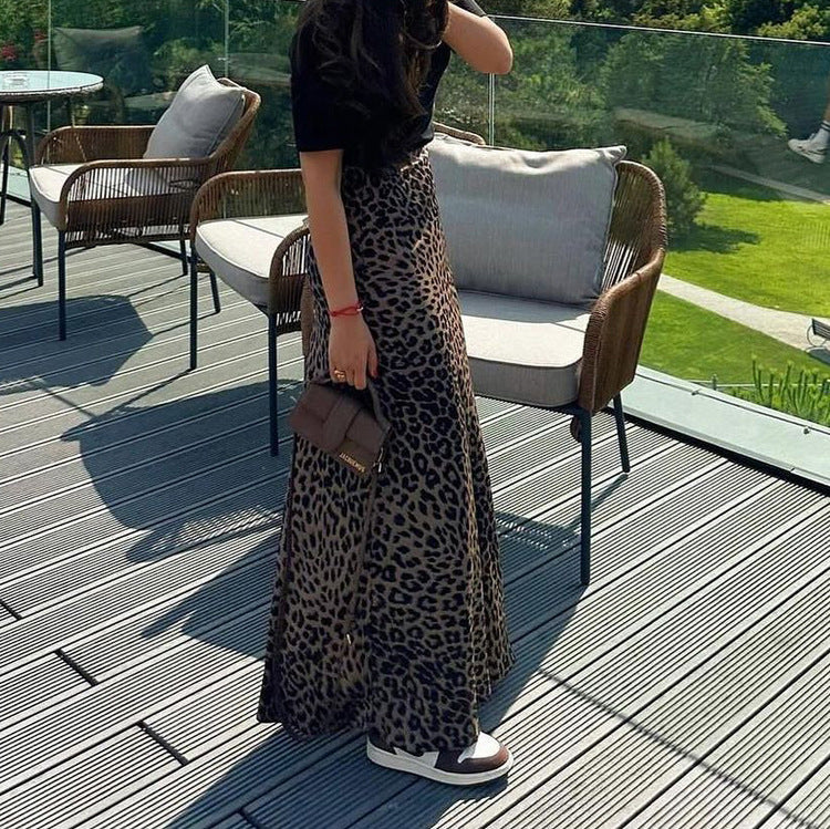 Women’s Sexy Satin Leopard Print High-Waisted Maxi Skirt