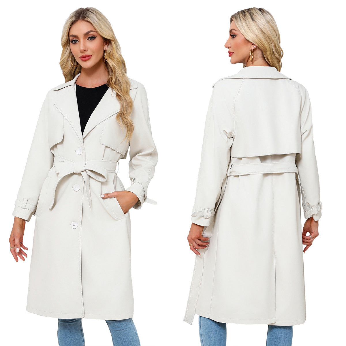 Women's Long Loose PU Leather Coat with Classic Lapel Belted Trench Coat