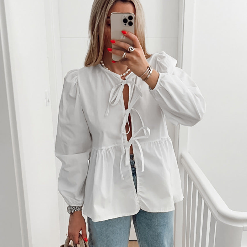 Women's Summer Casual Cotton Bow Tie Long Sleeve Shirt