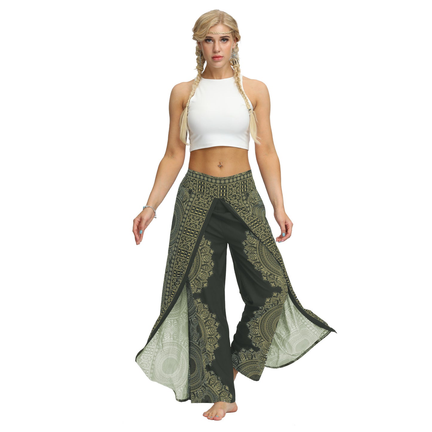 Geo Print Split Thigh Wide Leg Pants