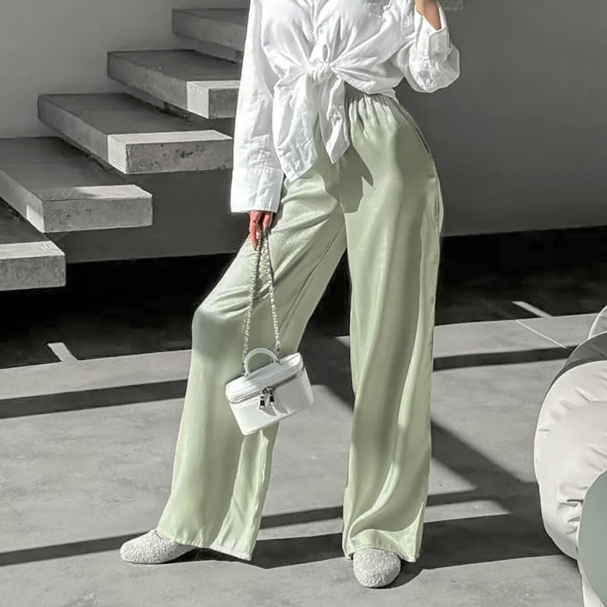 Women's Summer Fashion Versatile Shimmer Solid Color Mid-Waist Elastic Waistband Pants