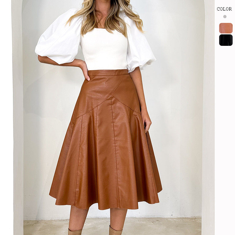 Women's High-Waisted Mid-Length Pleated Leather Skirt