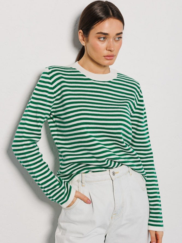 Women's Fashion Ribbed Color Block Striped Crew Neck Knit Sweater