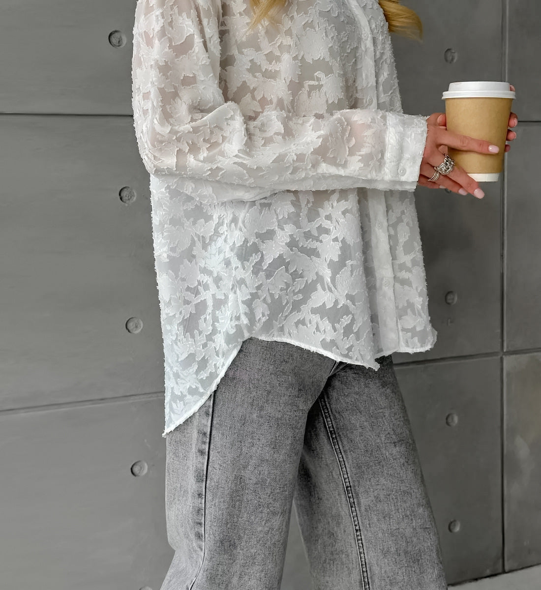 Women's White Jacquard Loose Long Sleeve Blouse