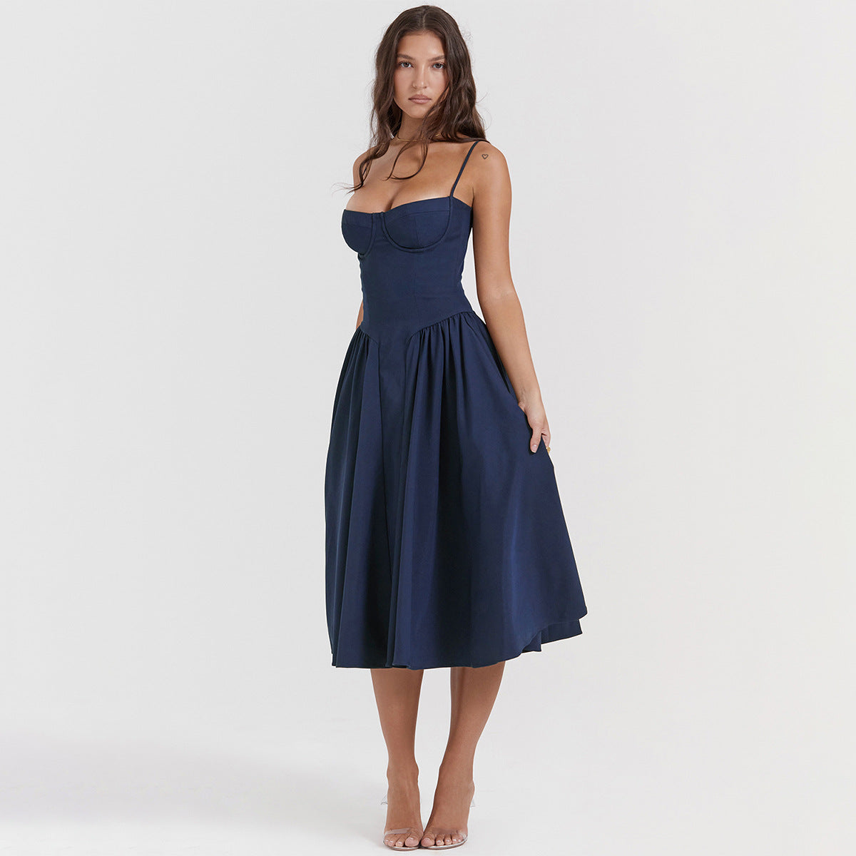 Summer Sexy V-Neck Spaghetti Strap Midi Dress with Waist-Cinching Backless Design