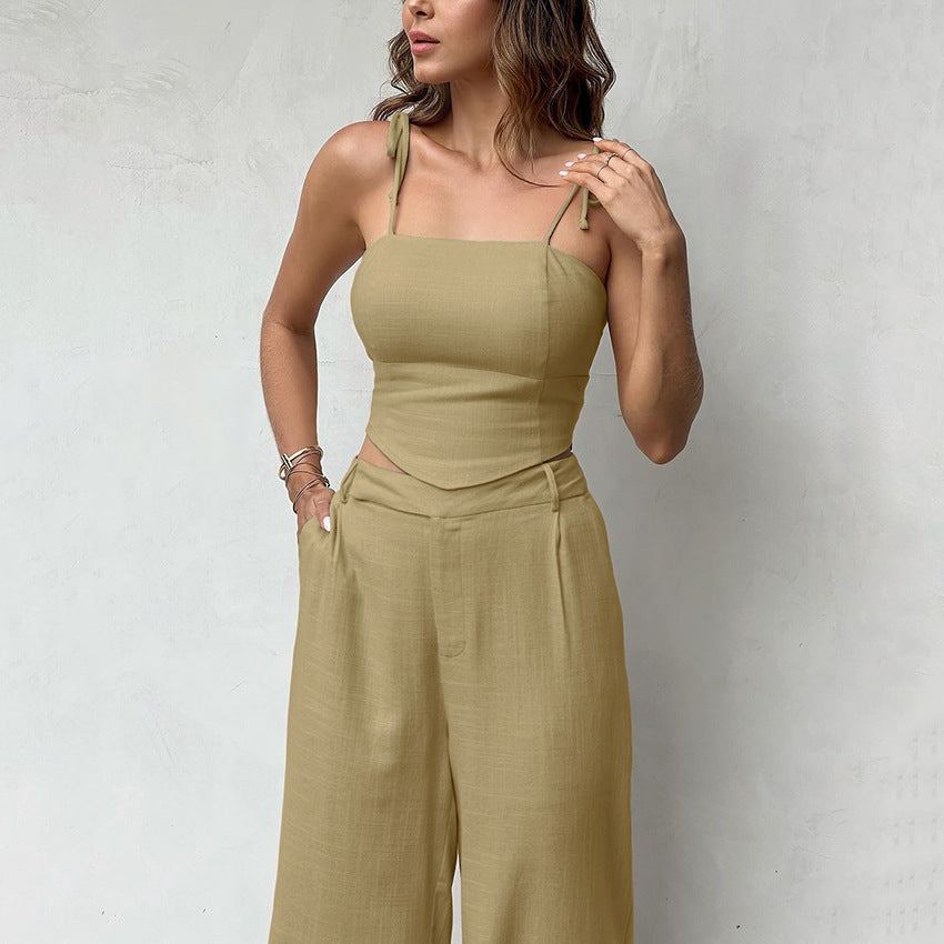 Women's Summer Casual Solid Color Spaghetti Strap Crop Top and Long Pants Set