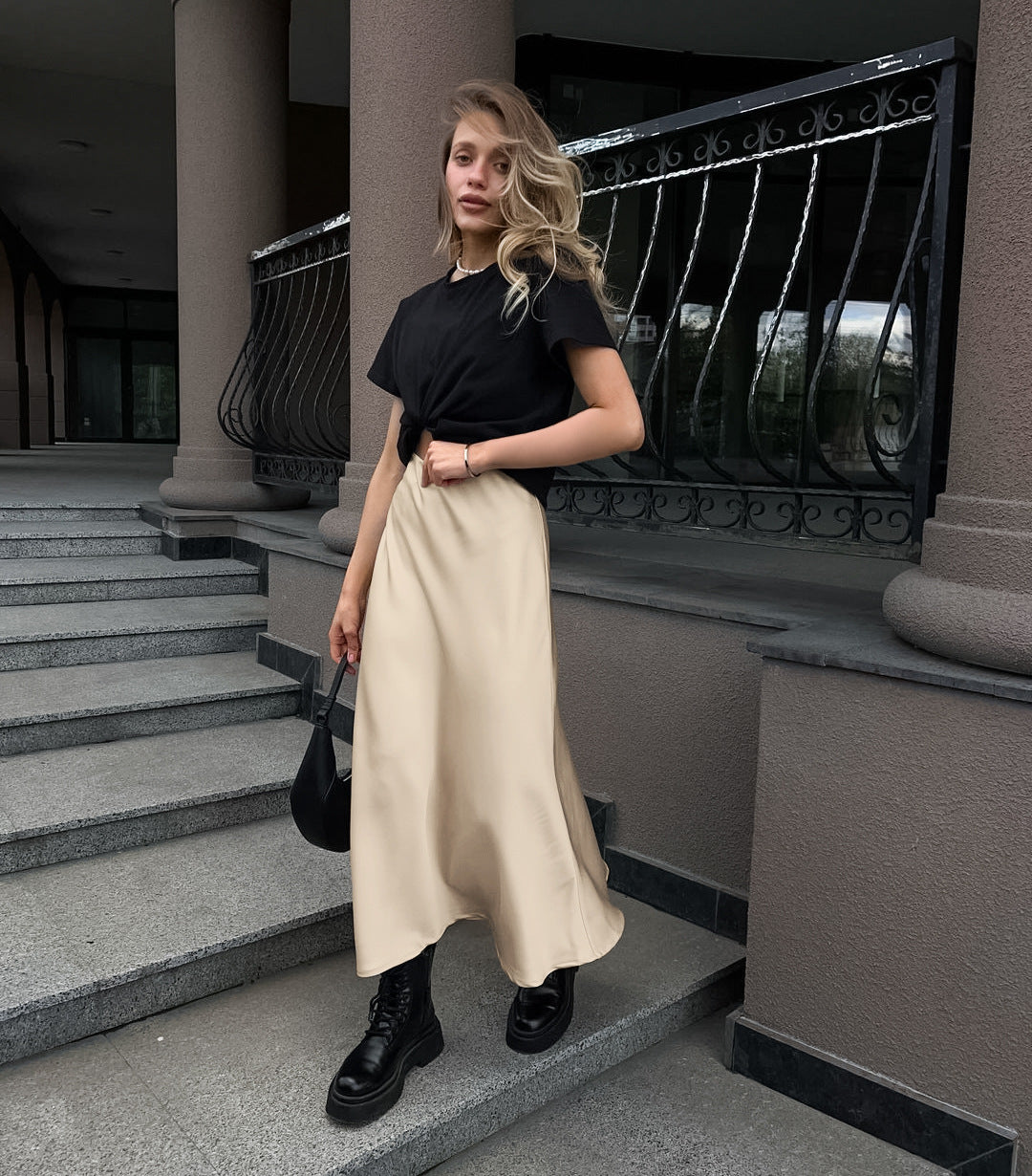 Women's Khaki Satin High-Waisted Versatile Midi Skirt