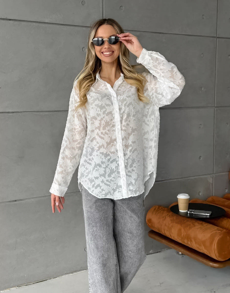 Women's White Jacquard Loose Long Sleeve Blouse