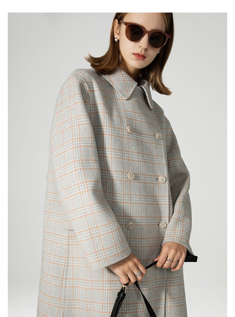 Women's plaid double-breasted wool coat