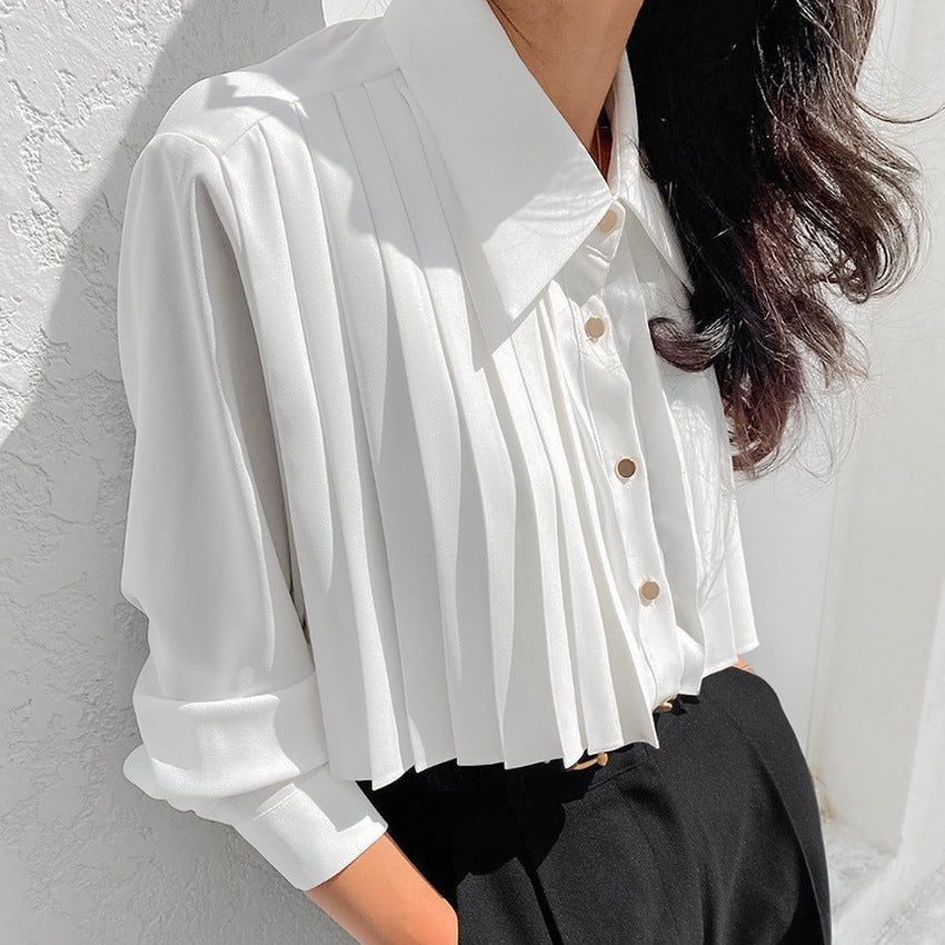 Ladies French-Style Casual Chiffon Pleated Blouse