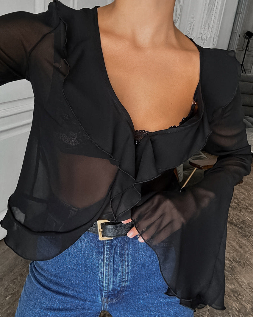 Summer Sexy V-neck Sheer Chiffon Long Sleeve Ruffle Blouse