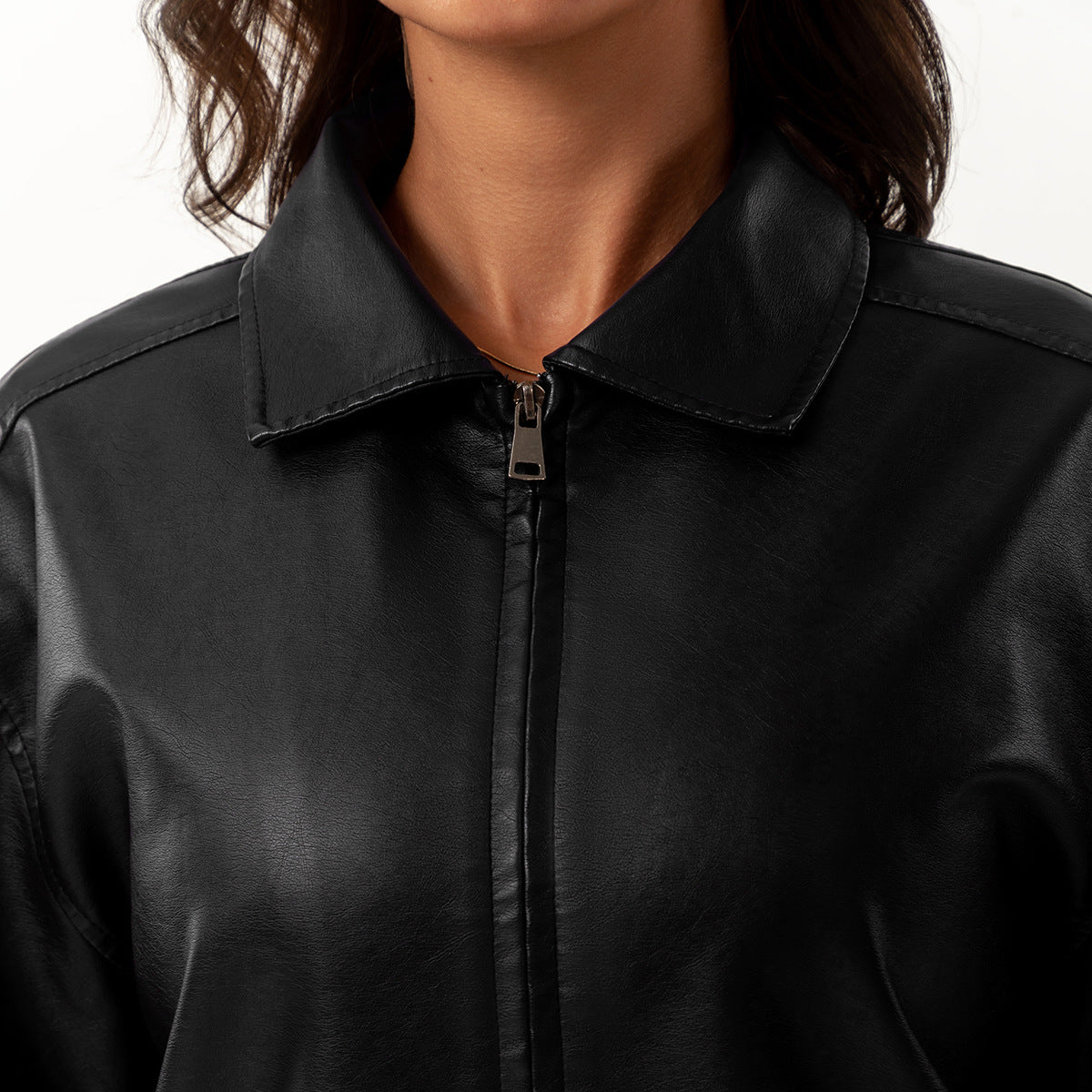 Women's Fashion Loose-Fit Long Sleeve Faux Leather Jacket with Zipper and Pockets