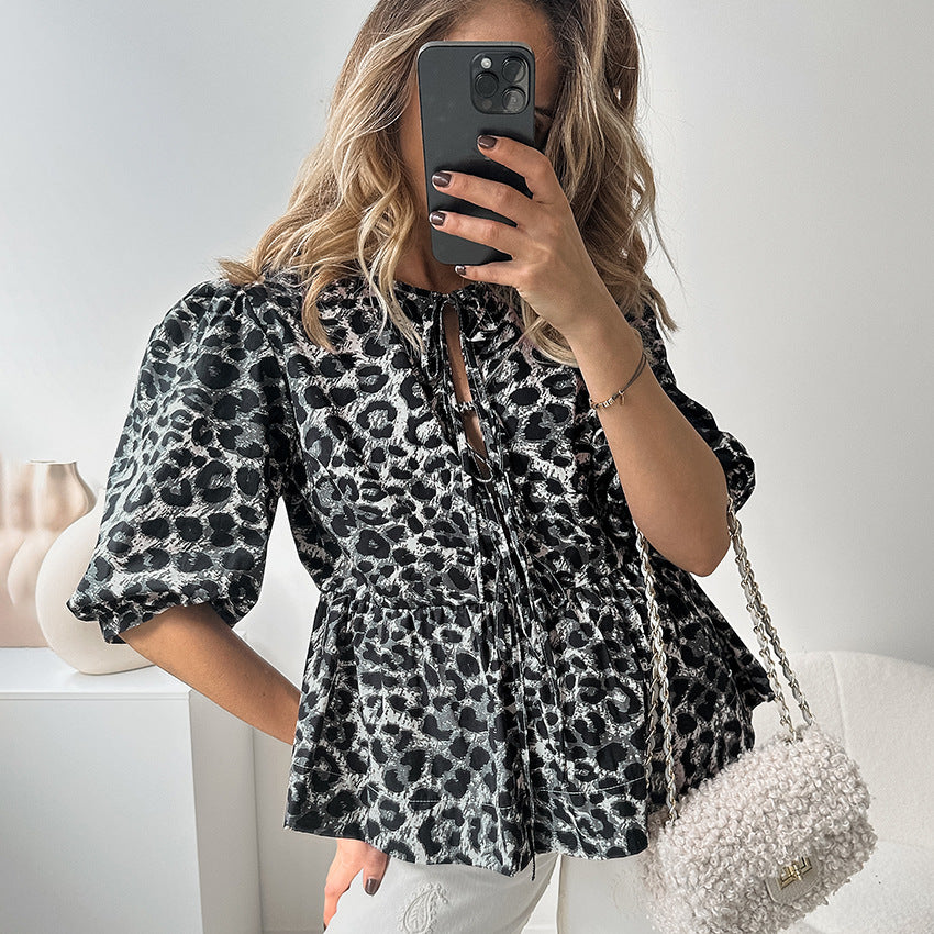 Women's Summer Leopard Print Puff Sleeve Round Neck Blouse