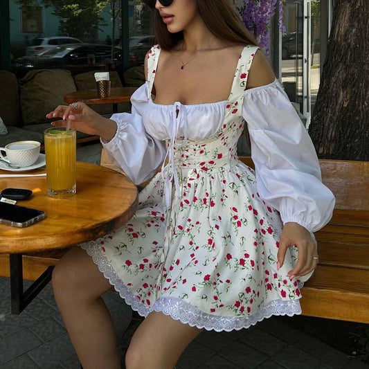 Women's Puff Sleeve Strapless Floral Midi Dress