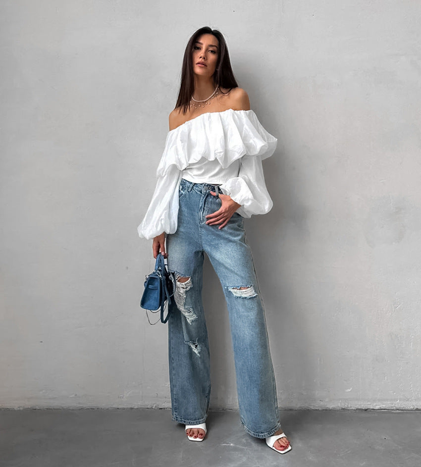 Women's Summer Sexy Off-Shoulder Puff Sleeve White Top