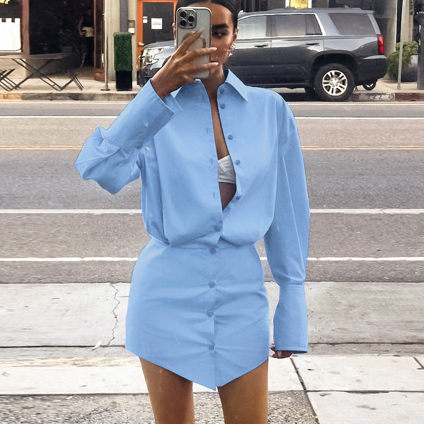 Blue Loose Collared Shirt Dress with Fitted Sleeves