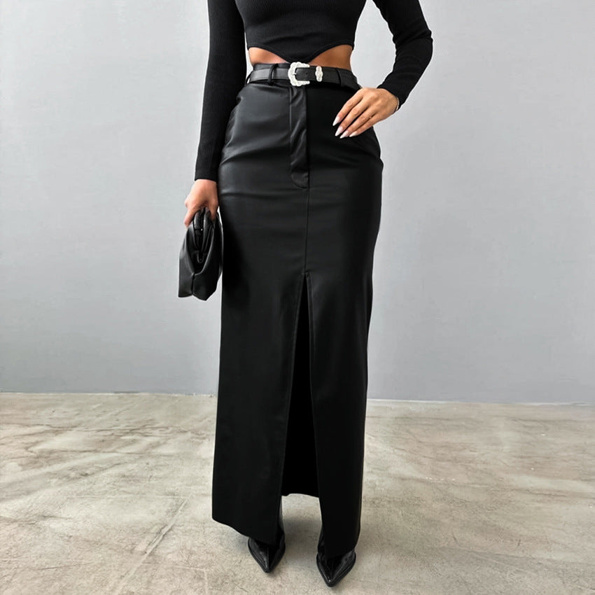 Women's High-Waisted Fleece-Lined Matte Leather Bodycon Straight Skirt