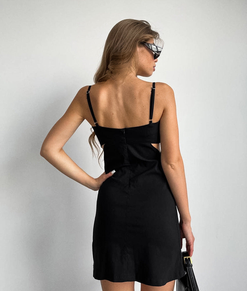 Women's Summer Black Sexy Spaghetti Strap Square Neck Cutout Waist Short Dress