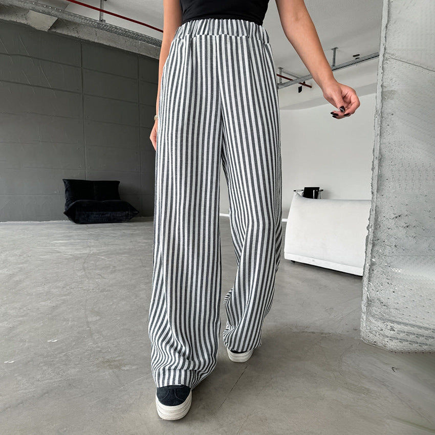 Women's Fashion Versatile Casual Striped High Waist Elastic Band Trousers