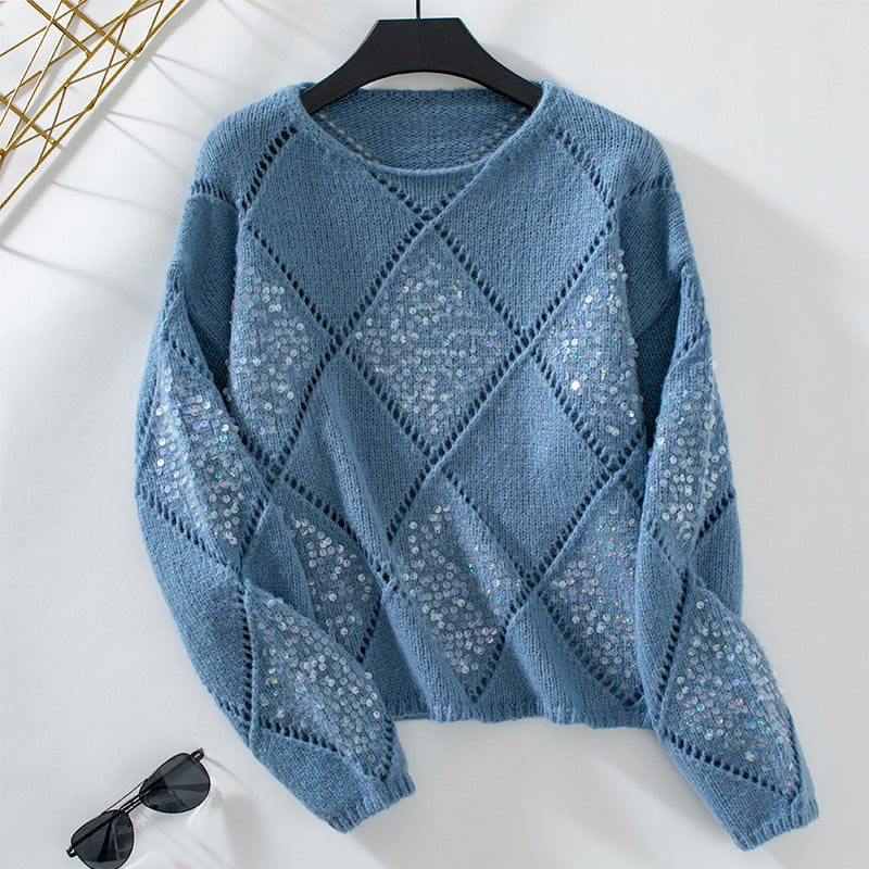 Women's Fashion Hollow Out Diamond Pattern Sequin Knit Sweater