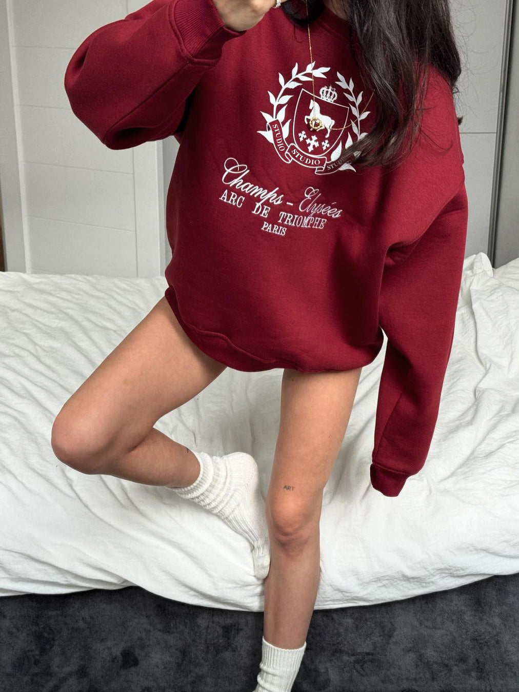 Women's Angora Red Crewneck Pullover Printed Sweatshirt