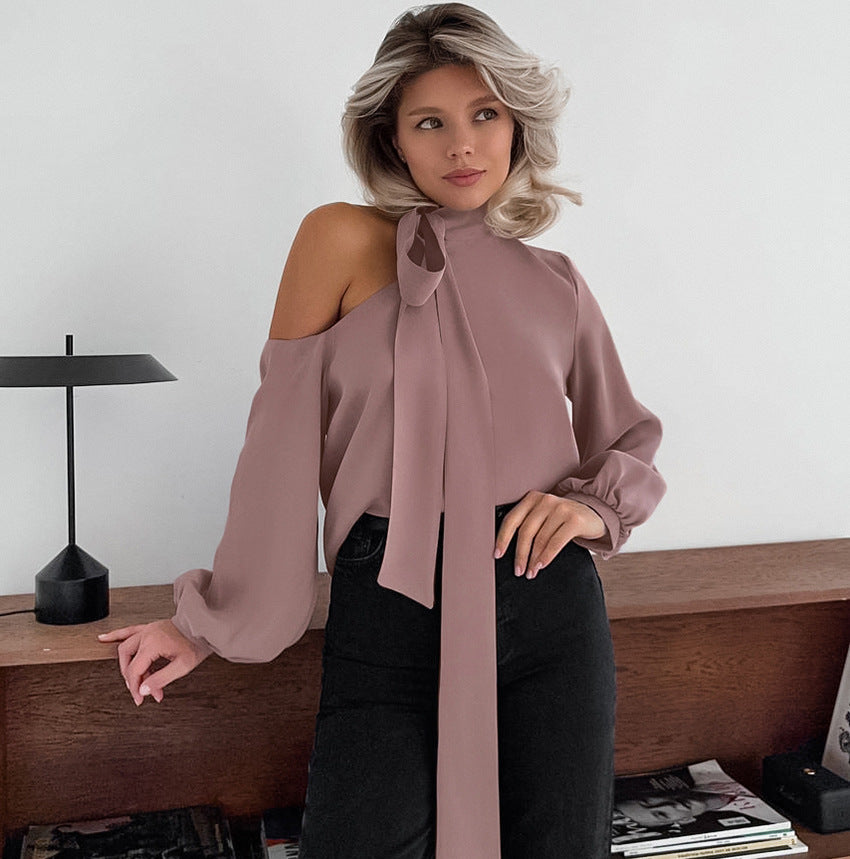 Women's Satin Asymmetrical Neckline Sexy Off-Shoulder Long Sleeve Shirt