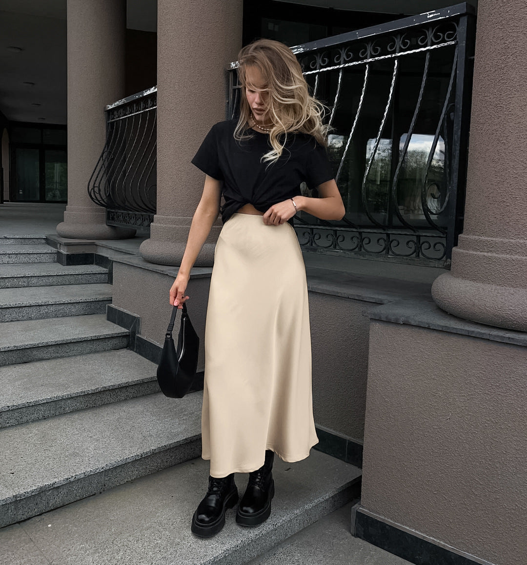 Women's Khaki Satin High-Waisted Versatile Midi Skirt