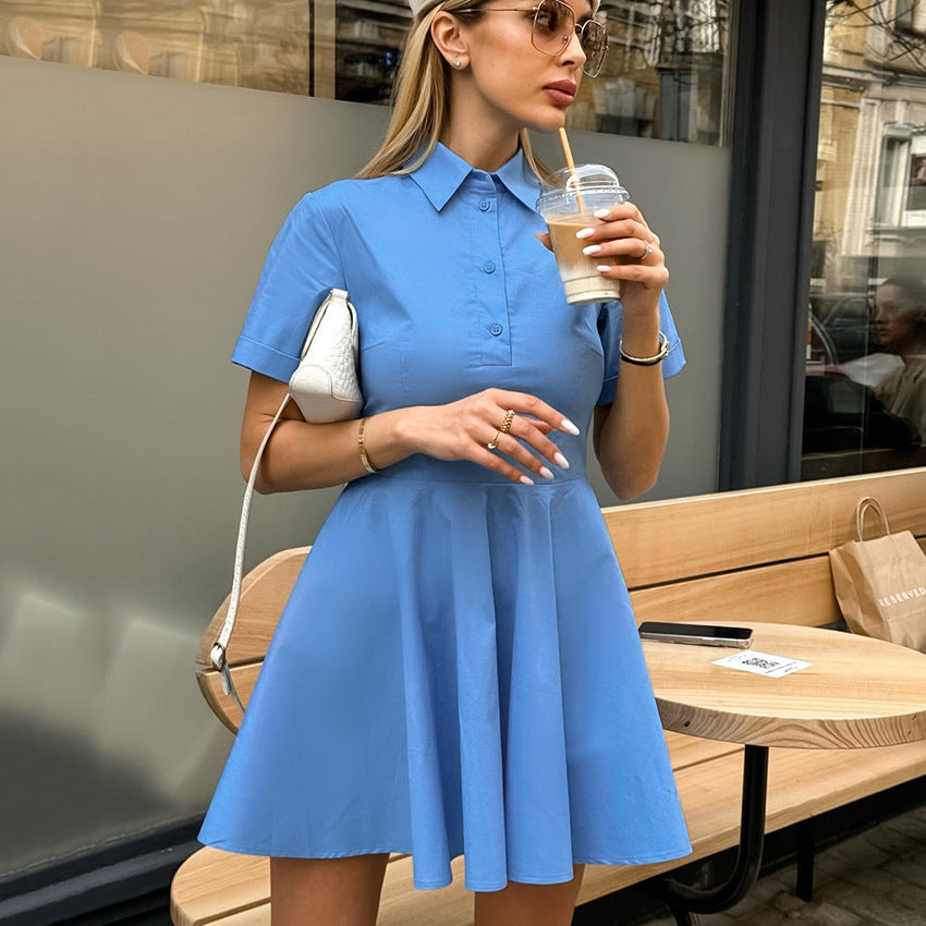 Women's Summer Casual Blue Street Style Short Sleeve Waist Cinching Shirt Dress