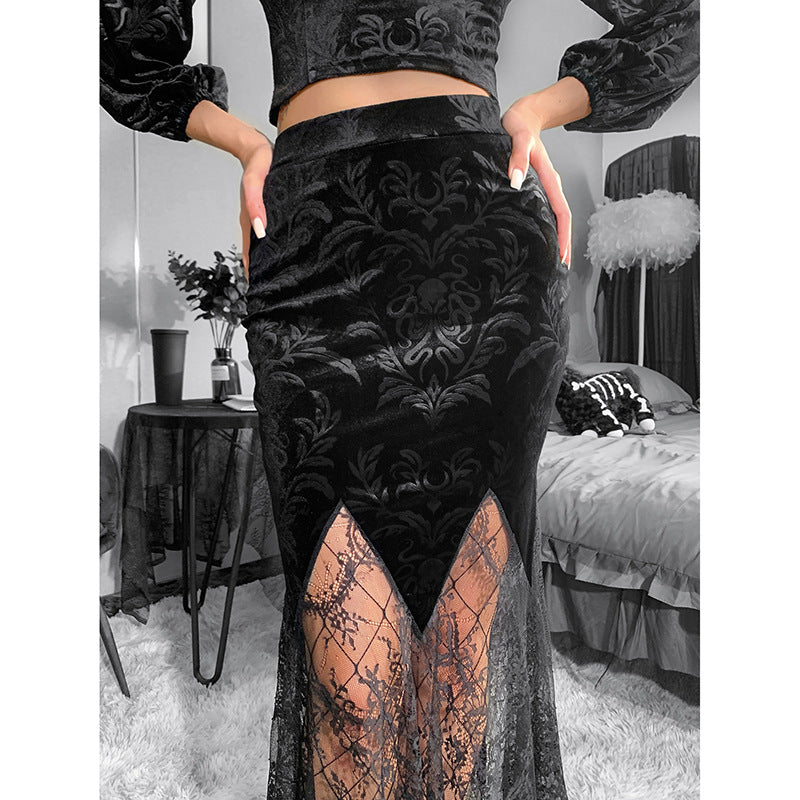 Women's Velvet Lace Midi Skirt with Kraken Pattern - Sexy Bodycon Gothic Skirt