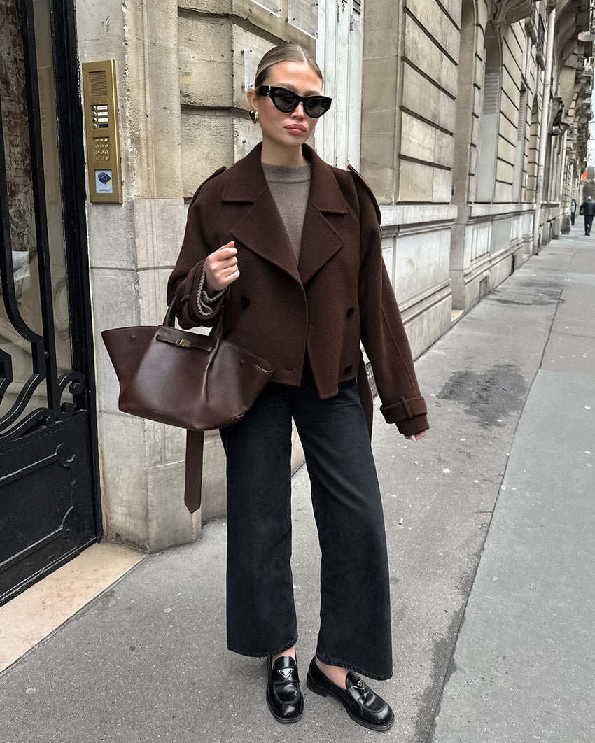 Women's Brown Double-Breasted Wool Coat with Lapel Collar and Belt, Polyester Blend