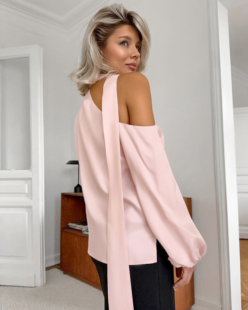 Women's Satin Asymmetrical Neckline Sexy Off-Shoulder Long Sleeve Shirt