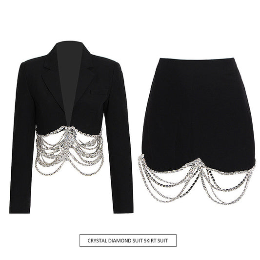 Women's Luxe Rhinestone Chain Blazer and Mini Skirt Set