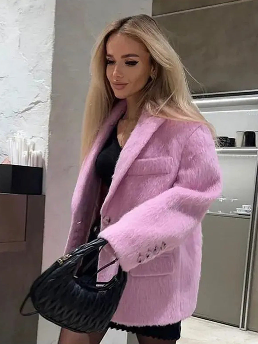 Women's Fashionable Loose Lapel Plush Coat