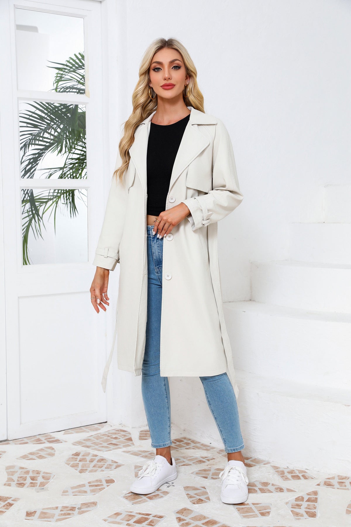 Women's Long Loose PU Leather Coat with Classic Lapel Belted Trench Coat