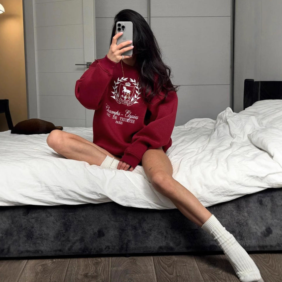 Women's Angora Red Crewneck Pullover Printed Sweatshirt